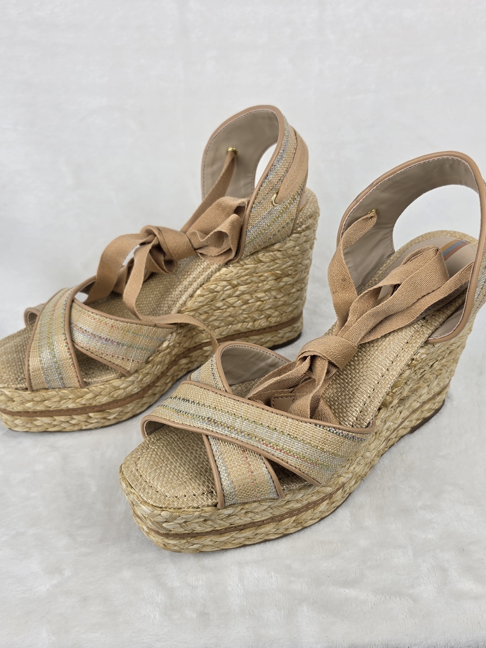Sam Edelman Vaughn Espadrille Wedge Sandals Womens 9.5 Tan Gold Ankle Tie - Picture 4 of 8